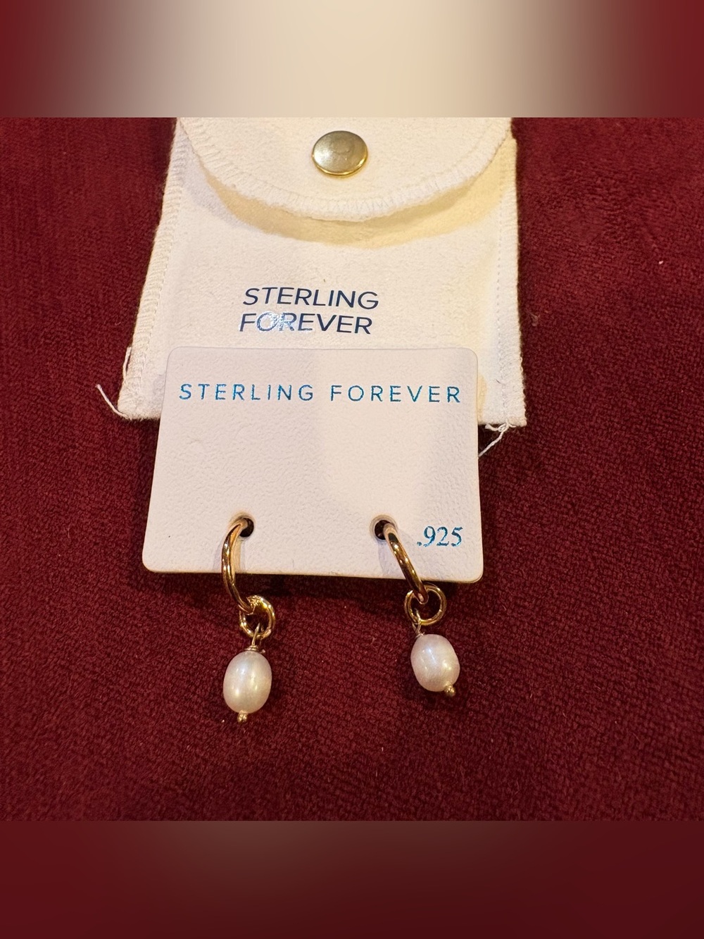 New Sterling Forever 14K Gold Over .925 Silver Pearl Hoop Earrings with Pouch